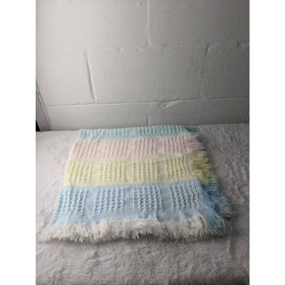 Lord & Taylor Vtg Plaid Baby Blanket Pastel Blue Pink Yellow Green Plaid Throw F